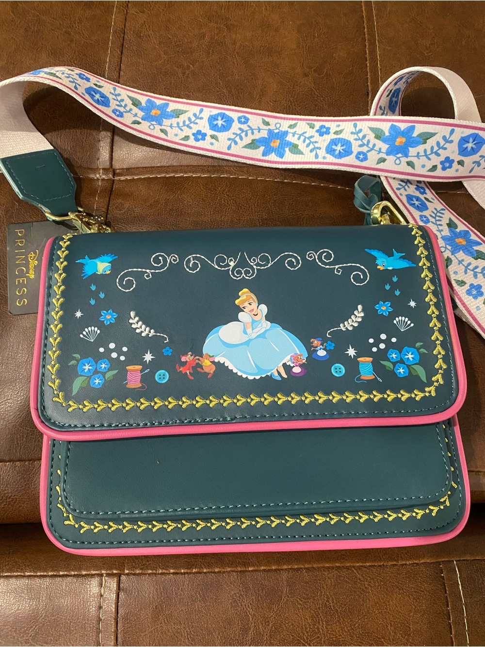 Loungefly Teal and Pink Cinderella Crossbody Bag with Floral Strap - Picture 2 of 7